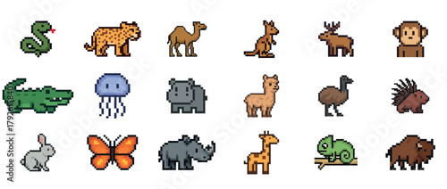 Pixel art animals collection: snake, cheetah, camel, kangaroo, deer, monkey, and more