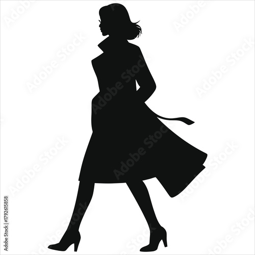 Elegant Winter Fashion Silhouette of Woman in Long Flowing Trench Coat and Heels – Black Vector Illustration for Seasonal Style, Apparel Design, Marketing and Trend Concepts