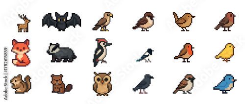 Collection of 16 pixel art animals: birds, mammals, and reptiles