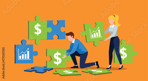 Business professionals strategically assemble puzzle pieces representing financial growth and investment opportunities for success