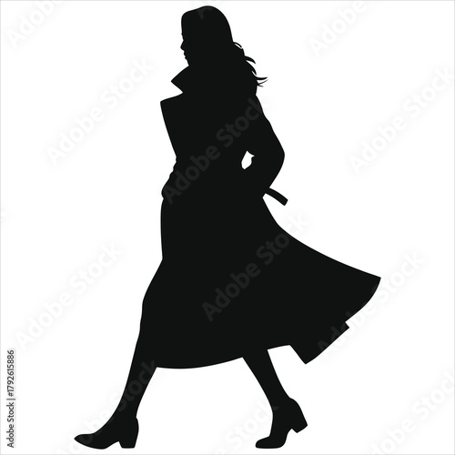 Elegant female silhouette in long trench coat walking – winter fashion vector illustration, flowing outerwear, stylish cold-season apparel concept for branding, posters, ads, packaging, web design.