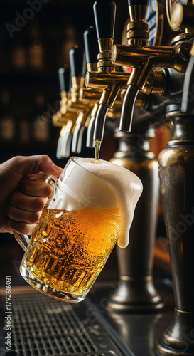 Bartender pouring a fresh cold draft beer into a mug from the tap in a pub with a thick foam