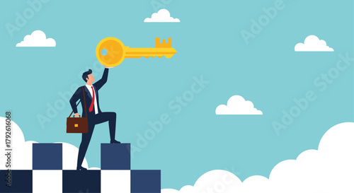 Ambitious businessman climbs steps to success holding a golden key symbolizing achievement and opportunity in a bright, sky-filled environment