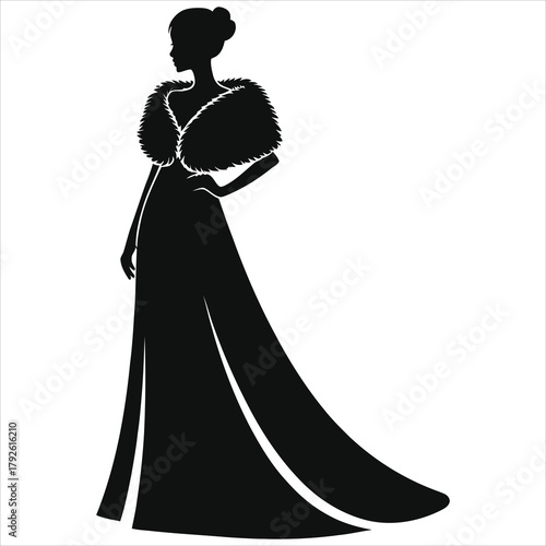 Winter Elegant Woman Silhouette Vector: Floor-Length Evening Gown With Fur Shawl Wrap – Luxury Formal Winter Fashion Illustration For Design Projects, Gala & Formal Events