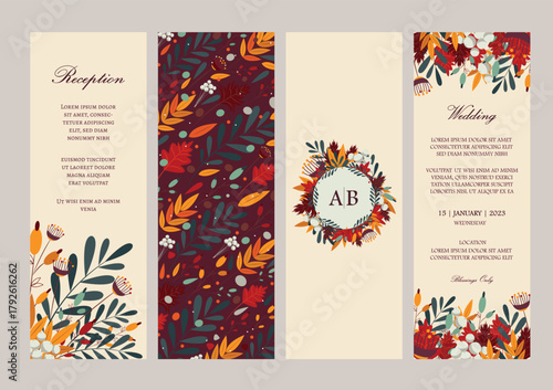 Vector Ornate Vertical Invitation in Fall color palette. Template for invitation card, wedding invitation, name tag, thank you message, bookmark, menu, label, banner etc with place for texts.