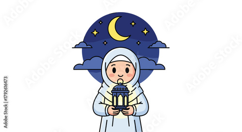 Charming child in hijab holds glowing lantern under crescent moon and starry night sky, symbolizing Ramadan joy and tradition