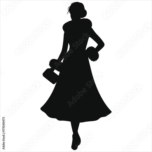 Stylish lady silhouette wearing long evening gown with fur collar and cuffs. Winter fashion vector. Female model holding clutch bag for Christmas party, New Year gala, or luxury event invitation 