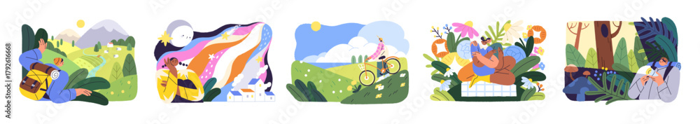 Fototapeta premium People hiking in nature set. Men and women with backpacks travel, trekking. Characters walk on meadows, forest. Couple has a picnic outdoors. Flat isolated vector illustrations on white background.