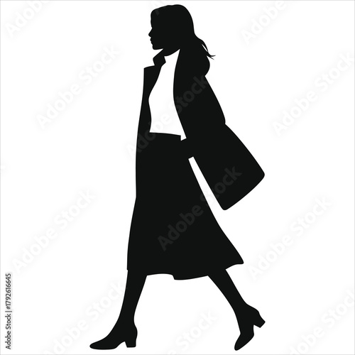 Fashionable walking woman silhouette wearing open winter coat and dress vector illustration. Elegant female model side view striding in layered outfit. Isolated black figure on white background.