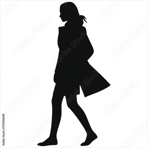 Silhouette of a Walking Woman in Stylish Layered Winter Dress and Open Coat Vector Art