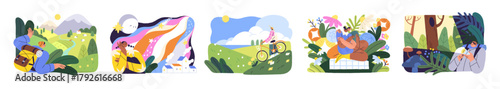 People hiking in nature set. Men and women with backpacks travel, trekking. Characters walk on meadows, forest. Couple has a picnic outdoors. Flat isolated vector illustrations on white background.