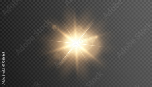 Gold star illustration. Vector transparent sunlight special lens flare light effect.