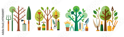 Gardening tools and stylized plants set. horticulture, planting, tree care.