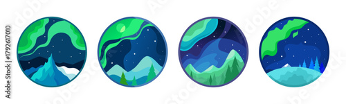 Aurora borealis over night landscapes, vector graphic collection
