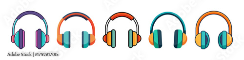 Colorful flat design headphones, a collection of modern audio devices
