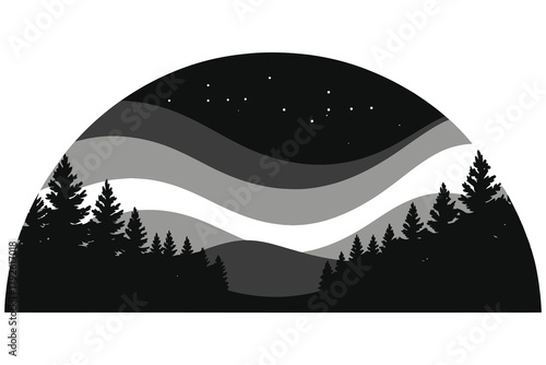 Monochrome Northern Lights Vector: Grayscale Aurora Borealis over Winter Forest Silhouette, Pine Trees on Snowy Ground – Minimalist Arctic Night Scene