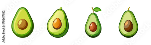 Collection of halved cartoon avocados with pits, healthy superfood