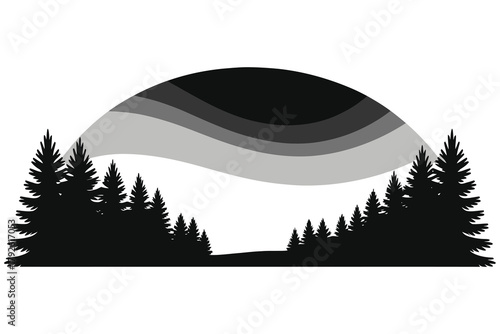 Northern Lights Aurora Borealis Over Snowy Winter Landscape Vector Illustration, Pine Trees Silhouette, Night Sky, Minimalist Nature Art, Scandinavian Forest, Monochrome Arctic Scene, Wall Decor 