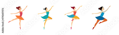 Graceful stylized ballet dancers in dynamic poses, colorful vector art