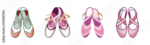 Colorful ballet shoes collection in cartoon style, different pointe slippers