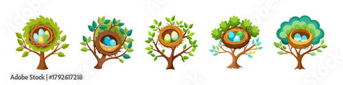 Cartoon trees with bird nests and colorful eggs. spring nature illustration