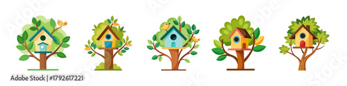 Diverse birdhouses nestled in lush green trees with small chirping birds