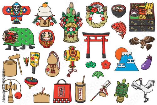 お正月の手描きイラスト素材セット