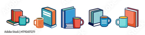 Vibrant collection of books and coffee mugs, ideal for reading and study
