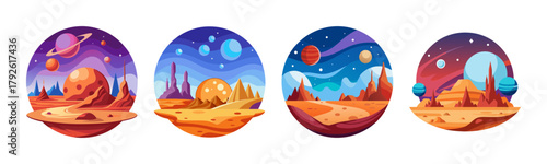 Futuristic alien planet landscapes with vibrant cosmic skies and unique terrain