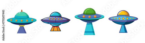 Set of four cartoon flying saucers, colorful alien ufo illustrations