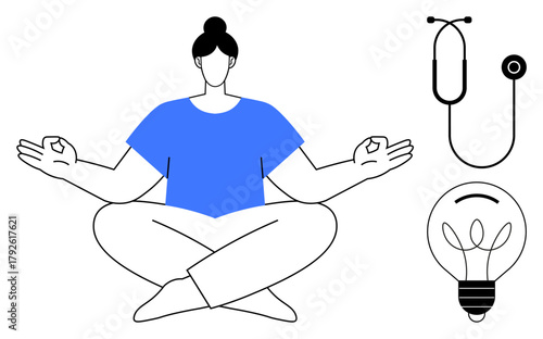 Individual sitting in lotus pose exuding calmness, stethoscope symbolizing healthcare, light bulb indicating innovation. Ideal for wellness, healthcare, mindfulness, creativity, balance, stress