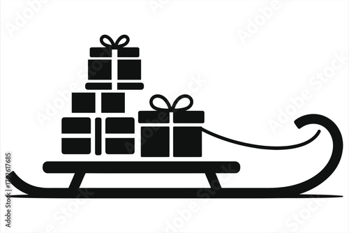 Christmas sledge with presents vector icon. Simple black silhouette of a sleigh full of gift boxes. Winter holiday illustration for festive design, isolated on white background.