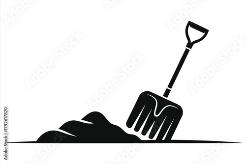 Winter Snow Shovel and Snow Pile Vector Illustration – Black Silhouette Icon for Snow Removal, Winter Tools, Cold Weather, Seasonal Cleanup, Outdoor Equipment, Minimalist Design