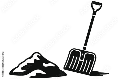 Snow shovel and snow pile vector icon. Winter season snow removal and shoveling concept. Simple black silhouette of a spade in a snowdrift, isolated on white background. Cleanup equipment symbol.