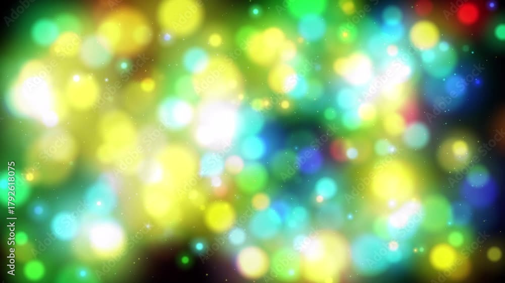 Randomly moving luminous bokeh dots. Bokeh glittering particles moving background