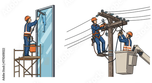 Skilled workers diligently clean windows and repair power lines, showcasing essential services for modern infrastructure and urban maintenance
