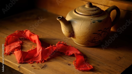 Vintage Asian Teapot with Red Fabric on Wood