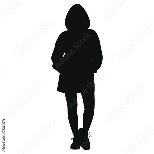 Urban Winter Fashion Female Silhouette Vector - Sporty Hoodie Dress Streetwear Illustration, Monochrome Minimalist Design for Apparel Branding, Cold Season Style Graphic for Clothing Collections Chic.