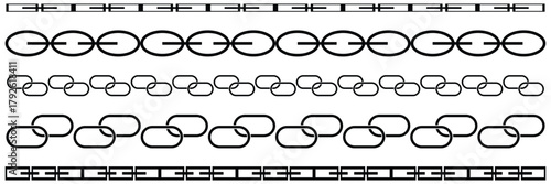 Silhouette chains. Different weaving black seamless borders, decorative jewelry for pendants, recurring metal segments, Elegant precious black necklaces nowaday vector isolated flat set. Chain vector 
