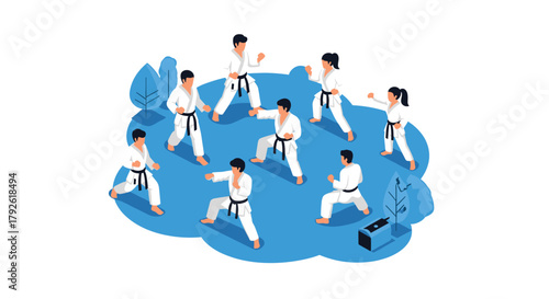 Dynamic martial artists practicing karate in a serene outdoor training session, showcasing discipline and focus