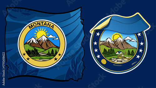 Very beautiful State of Montana flags vector, showing the standard flag and a version with torn edges, featuring rich blue tones, the state seal with mountains and river, and detailed fabric texture 