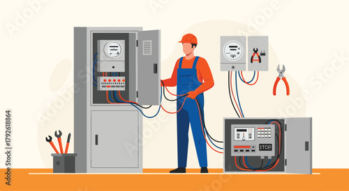 Skilled electrician diligently working on power grid systems with tools and meters in a modern industrial setting