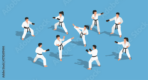 Diverse martial artists in dynamic stances, practicing karate and self defense, showcasing discipline and athletic movement