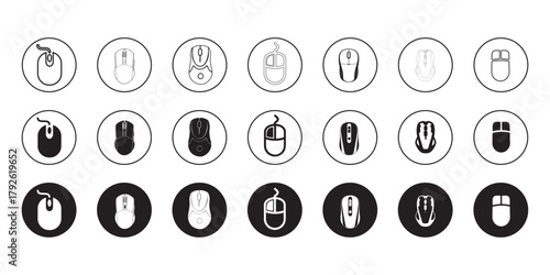 Modern computer mouse icon set in black and white minimalist vector style for technology, user interface, and digital design concepts