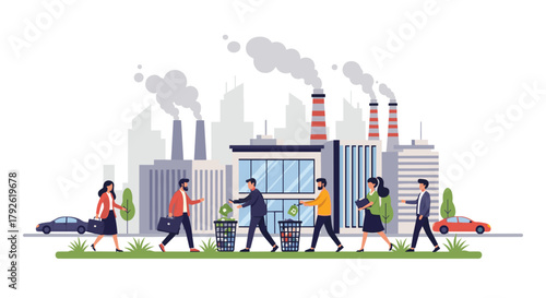 Diverse professionals embrace sustainability, discarding waste responsibly near modern industrial facilities and city skyline