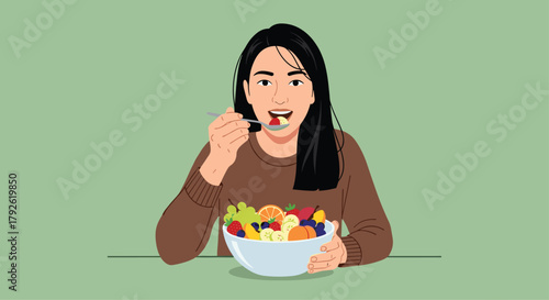 Delighted woman enjoys a vibrant, refreshing bowl of mixed fresh fruit, savoring a healthy, delicious meal