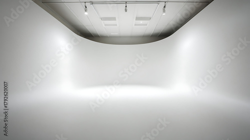 Seamless white studio cyclorama with overhead lighting background