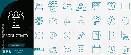 Productivity time management line icons set, business vector