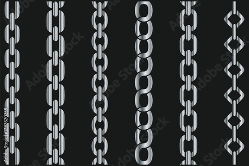 Chain link icon for connections or hyperlinks. Silhouette chains. Different weaving black seamless borders, decorative jewelry for pendants, recurring metal segments, Elegant precious black necklaces 