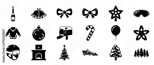 Festive holiday icons: bells, bows, stars, candy cane, tree, fireplace, snowplow, and more